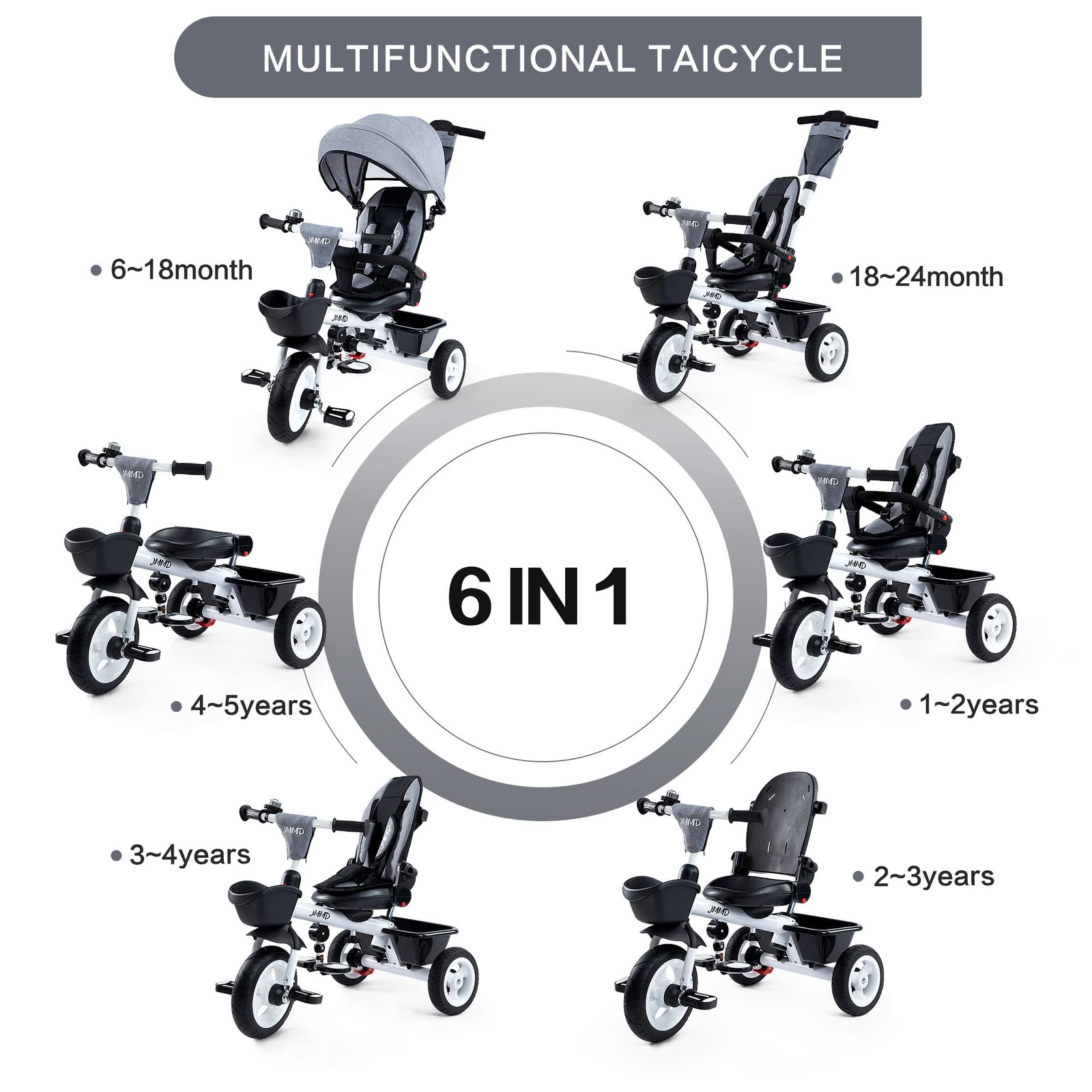 Baby Trike, 6-in-1 Kids Tricycle with Adjustable Push Handle, Removable Canop...