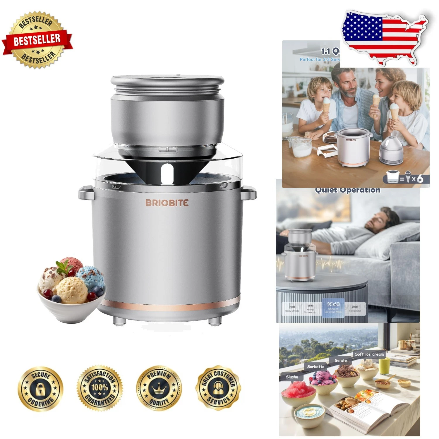 Electric Ice Cream Maker 1.1 Qt USB-C Rechargeable Auto Shut-off Silver