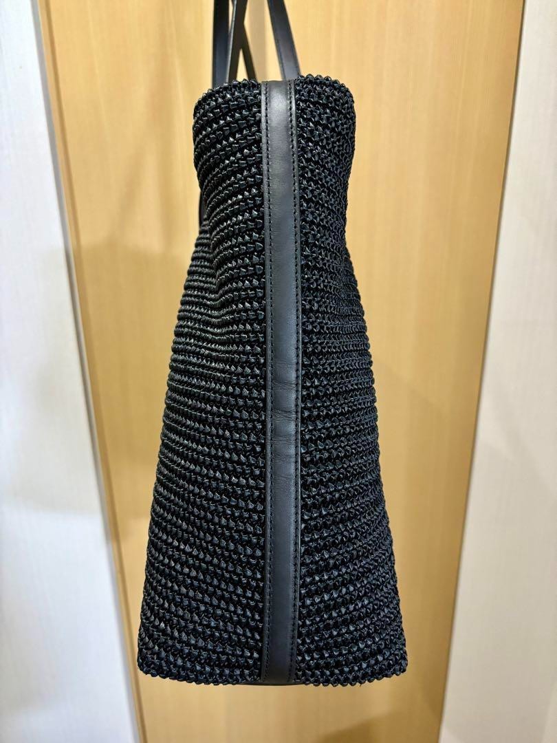 SAINT LAURENT Borsa tote con logo rafia paglia frange tote bag pelle blu navy 4...