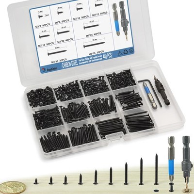 440PCS Flat Head Phillips Wood Screws Assortment Kit, Carbon Steel Self-Tappi...