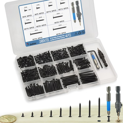 #ad 440PCS Flat Head Phillips Wood Screws Assortment Kit Carbon Steel Self Tappi... $10.60
