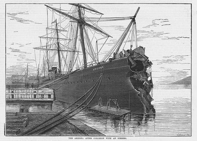SS ARIZONA Guion Line Schiff nach Kollision mit Eisberg Antikdruck 1879