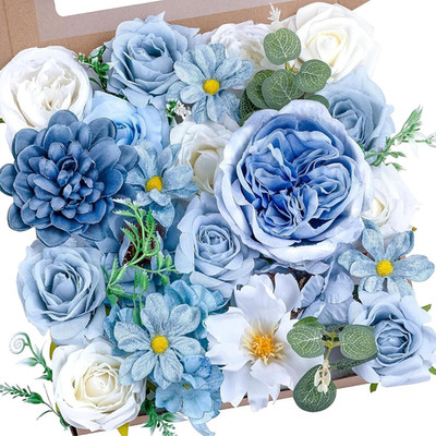 Artificial Blue Flowers Combo Box Set Baby Blue Rose Flowers Bulk Mix Dusty Blue