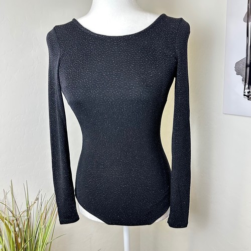 H&M Women's Black Glitter Long Sleeve Bodysuit Size 2 Boat Neck Shimmer Top