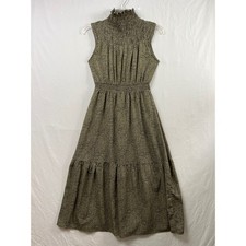 THML Maxi Dress Women Small Olive Green Smocked High Neck Tiered Animal Print