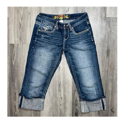 Maurices Women's Blue Medium Wash Denim Capri Jeans Slim Stretch Cuffed 5-Pocket