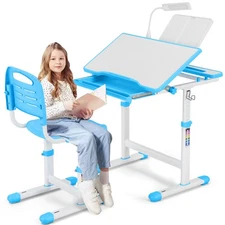 Height Adjustable Kids Desk Chair Set Boy Girl Study Table with Lamp,Drawer Blue