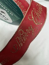 10 Yards 2.5 Inch Wired Ribbon Burgundy Gold Merry Christmas Script Holiday