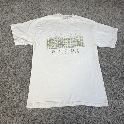 Vintage Gaudi Barcelon Shirt Mens L White a Building Graphic Tee Heavy-T Hanes