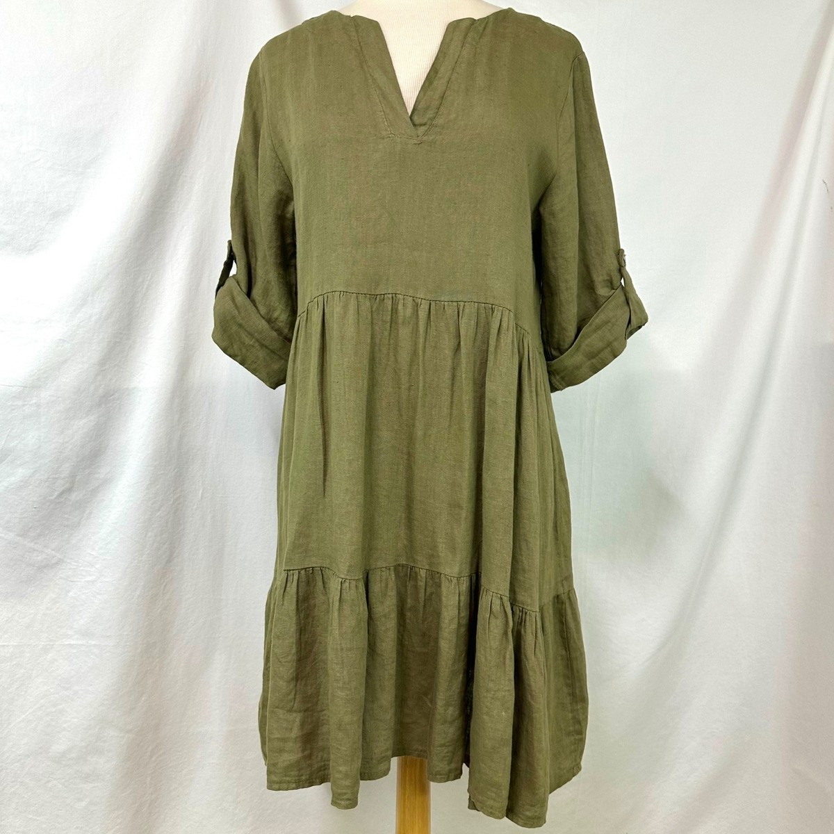 knee length dresses for ladies Bellambra Women's Plus Made in Italy Linen Split Neck Tiered Midi Dress