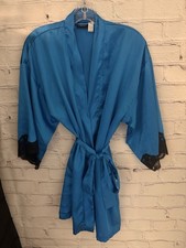Frederick's of Hollywood Blue with Black Lace Silky Robe 100 Poly Women's S/M