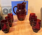 Vintage Anchor Hocking Royal Ruby Bubble Pitcher and Six Glasses