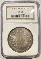 1875 Ga MC Guadalajara Mexico 8 Reales NGC MS-62 Uncirculated Strong Luster