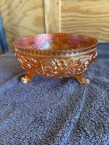 Antique Carnival Glass 3-Footed Bowl Rose Pattern Marigold Iridescent