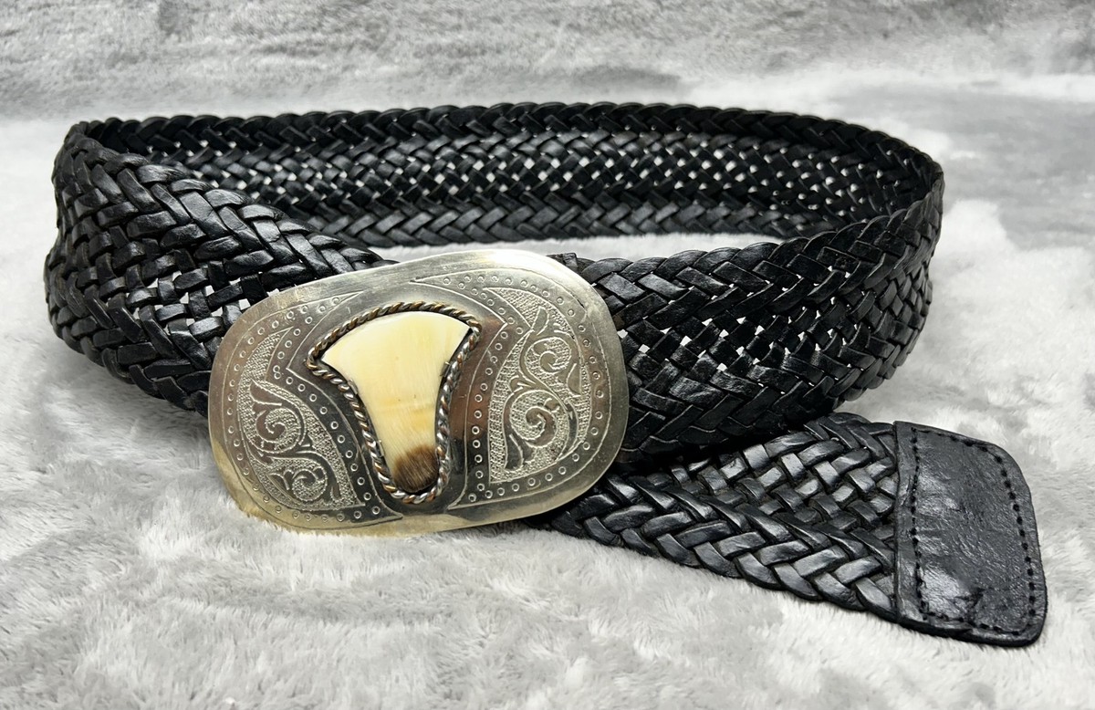 Vintage Black Braided Leather Belt Silver Western Buckle  display picture 2