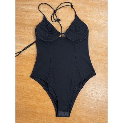 Thats So Fetch Black Underwire Halter Bodice Bodysuit Ruched Thong Snap Base Sz2