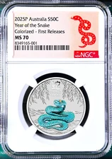 2025 Australia Colored Silver Lunar Year of the SNAKE NGC MS 70 1/2 oz Coin