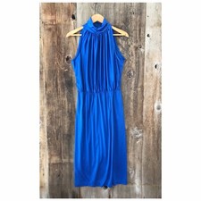 VTG 70s Silky Blue Sleeveless High Collar Midi Party Dress, Medium