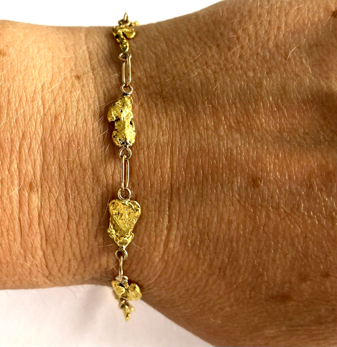 14Kt 585 Solid Yellow Gold Unique Ladies 9 Pure Gold Nugget Link Bracelet 7” - Picture 4 of 13