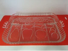 INDIANA GLASS CLEAR SERVING TRAY, 5 COMPARTMENTS, FRUIT DESIGN, 12-3/4" x 9"
