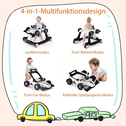 4 en 1 forme de voiture aide à l'apprentissage de la marche pliable bébé aide à l'apprentissage de la marche poussette d'apprentissage de la marche avec musique - Photo 3/66