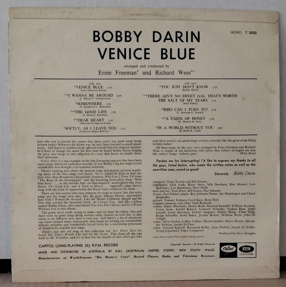 BOBBY DARIN - VENICE BLUE CAPITOL T-2322 AUS MONO 1965 ED 1 LP - Image 2 of 3