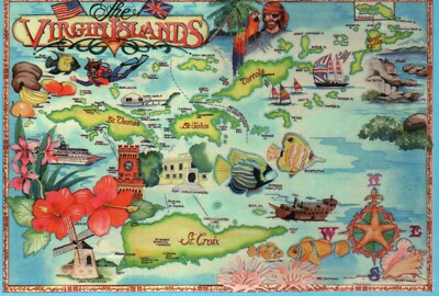 Virgin Islands, Caribbean, St. John, St. Croix, St. Thomas, US UK - Map Postcard