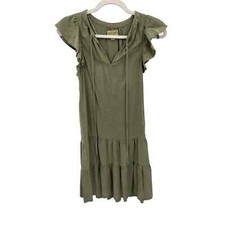 Knox Rose Dress Womens XS Army Green Lyocell Flutter Sleeve Tie Neck Tiered Hem