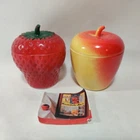 Vintage Hazel Atlas Milk Glass Fruit Jam Jelly Jar Set Strawberry & Apple w/ Lid