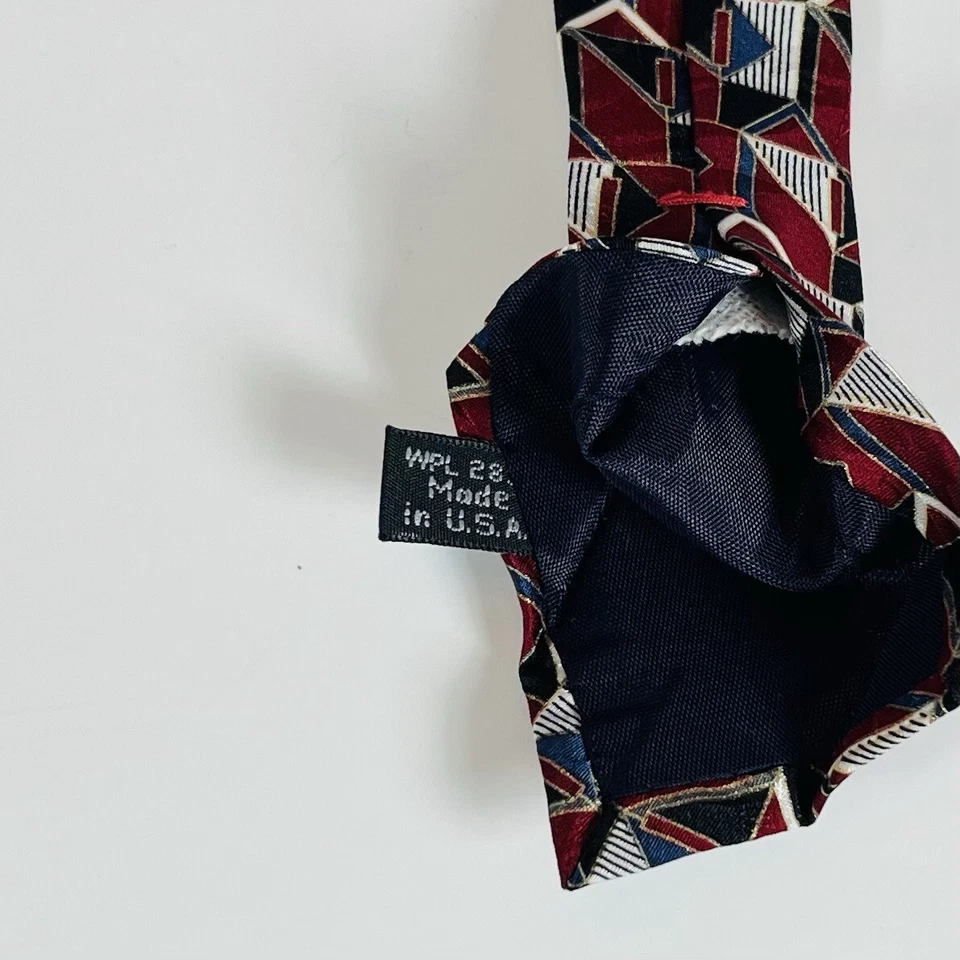 L’Atelier 100% Silk Neck Tie Burgundy/Black/Blue Geometric Abstract 3 7/8" - Image 4 of 4