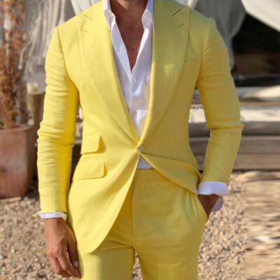Hellgelber Leinen Herren Anzug Jacke Hose weites spitzes Revers Hochzeit Bräutigam Kleidung UK