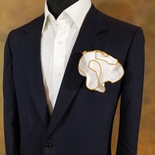 NEW - Men's 2-in-1 Pouf Round Pocket Square - White Satin with Gold Trim