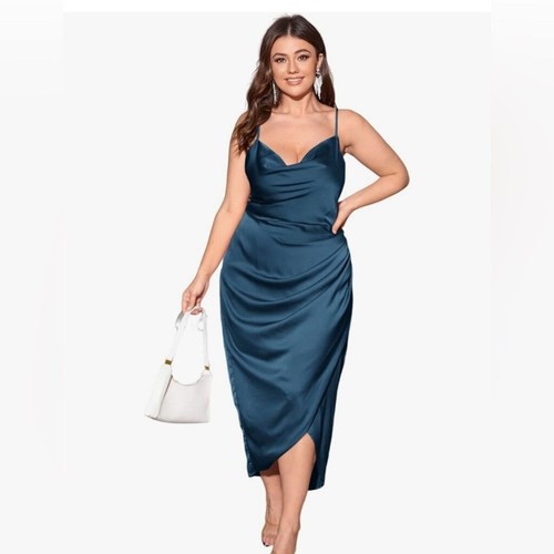 NEW Blue Satin Spaghetti Strap Cowl Neck Cami Dress 2X - 第 1/7 張圖片