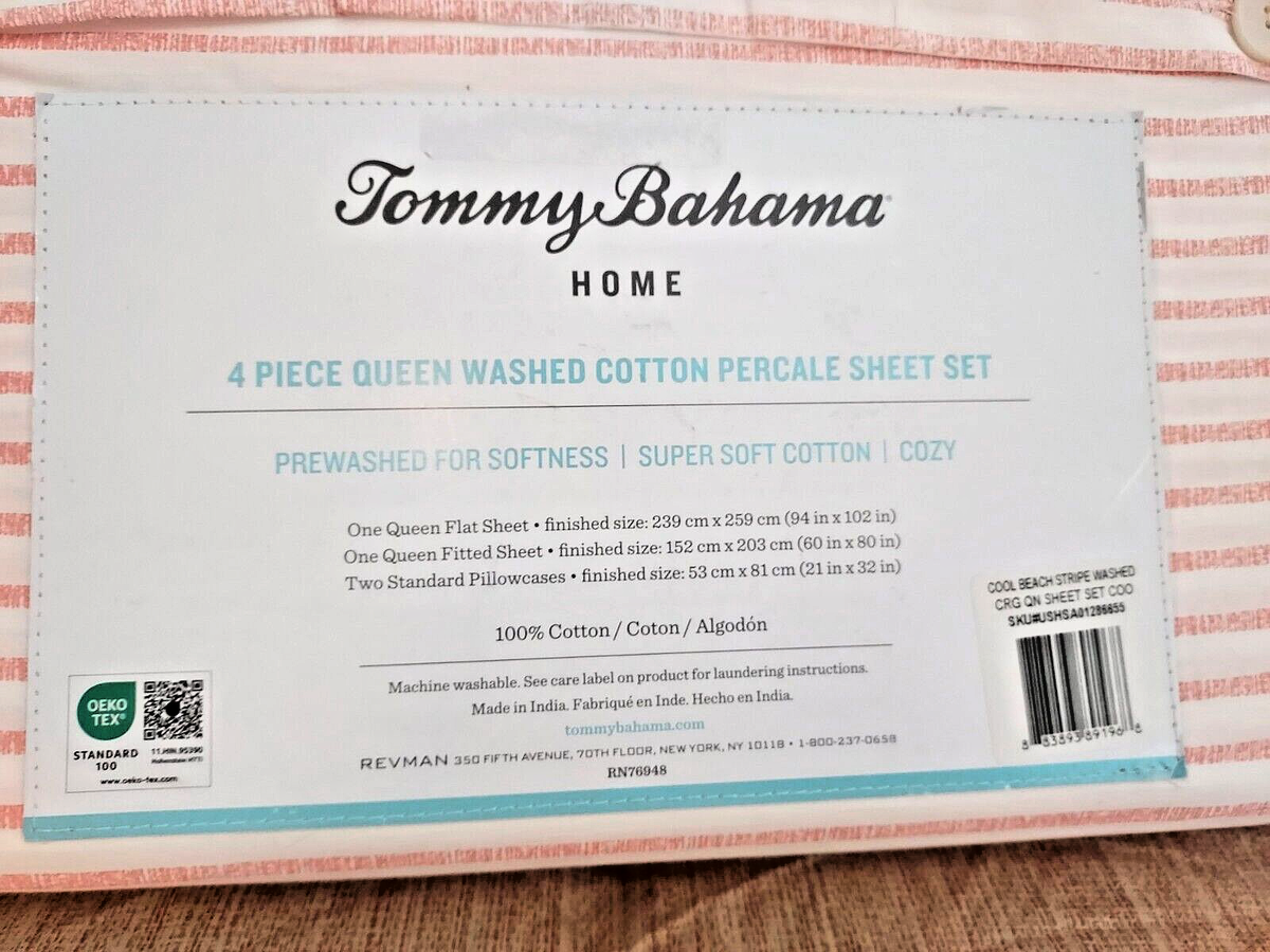 Tommy Bahama Beach Paloma Striped Cotton Percale Queen Sheet Set NWT