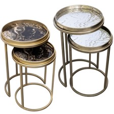 Set of 2 Nesting Tables Set, Intricate Metal Frames with Decorative Mirror Top