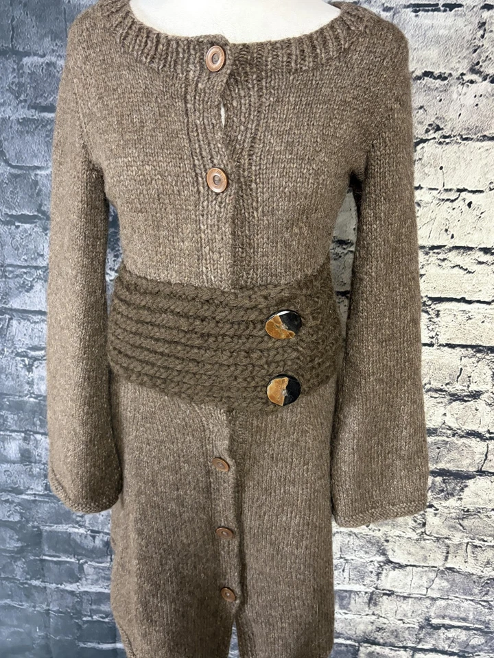 Vintage Wool Blend Knit Sweater Dress Women S Brown Belted Long Button Front - Image 2 of 4