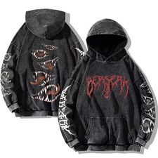 Vintage Berserk Guts Washed Cotton Hoodie Anime Men Hip Hop Pullover Sweatshirt