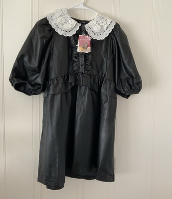 Sister Jane Shift Dress Faux Leather Black White Lace Peter Pan Puff 3/4 M