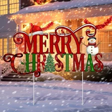Metal Christmas Decoration Merry Yard Sign Stake red, green, white 