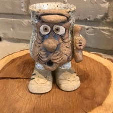 VTG 3D Ugly Face Baseball Speckled Stoneware Art Pottery Mug w/ Feet