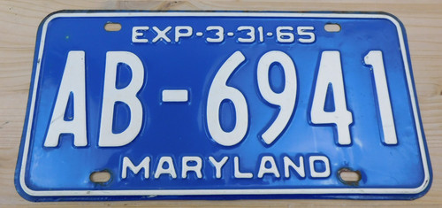 Vintage Original 1965 Maryland License Plate Tag # AB-6941