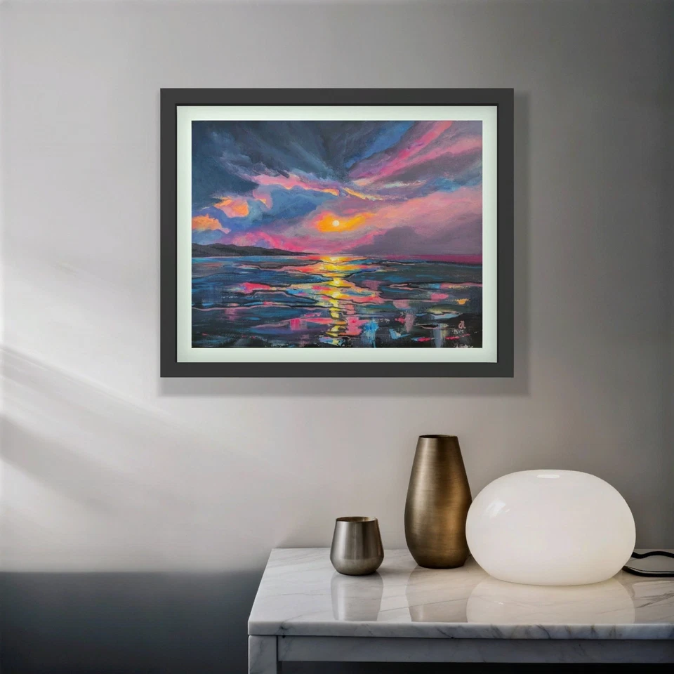 Arte Ocean Sunset. Pintura original sobre lienzo. Paisaje costero. Paisaje marino 11x14 Foto 3 de 4