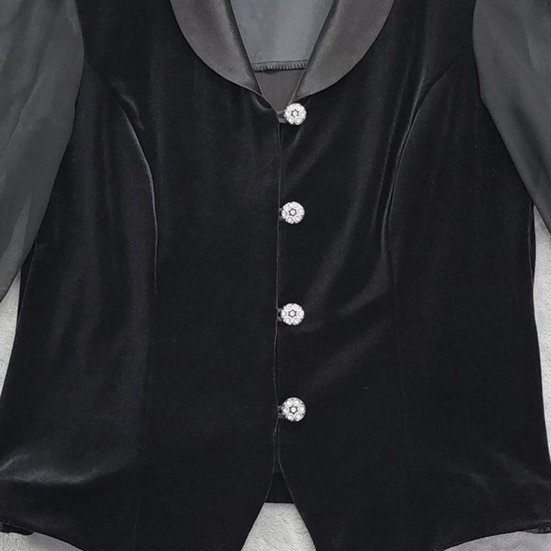 Vintage DressBarn Top Womens S Black Velvet Satin Collar Sheer Sleeves Formal - Image 2 of 4