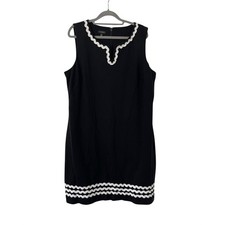 Talbots Womens 14 Black White Ricrac Knit Shift Dress V-Neck Sleeveless Knee LBD