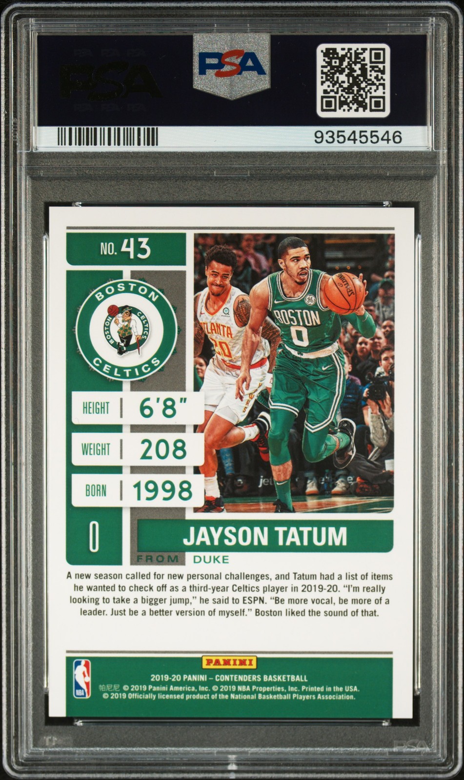 2019 PANINI CONTENDERS CRACKED ICE #43 JAYSON TATUM 9/25 PSA 10 view 2