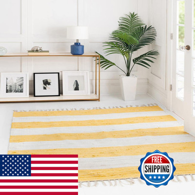 Unique Loom Chindi Rag Collection Area Rug - Striped 5 1 Square Yellow And Ivory