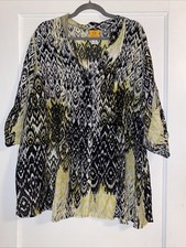 Ruby Rd Black White Yellow Button Up Blouse Top 3/4 Roll Tab Sleeves 3X Plus