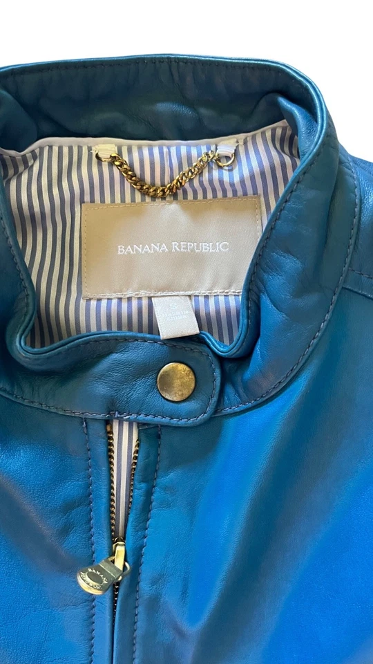 Chaqueta de Motociclista Banana Republic Azul Cuero Genuino Cremallera Dorada S Foto 4 de 4