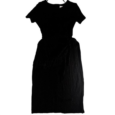 Justin Thyme Ltd Black Crinkle Fringe Wrap Midi Dress Vintage Sz 14 Short Sleeve