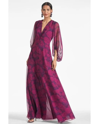 #ad Sachin amp; Babi Jenny Magenta Bloom Floral Long Sleeve Chiffon Gown Size 10 $595 $265.50